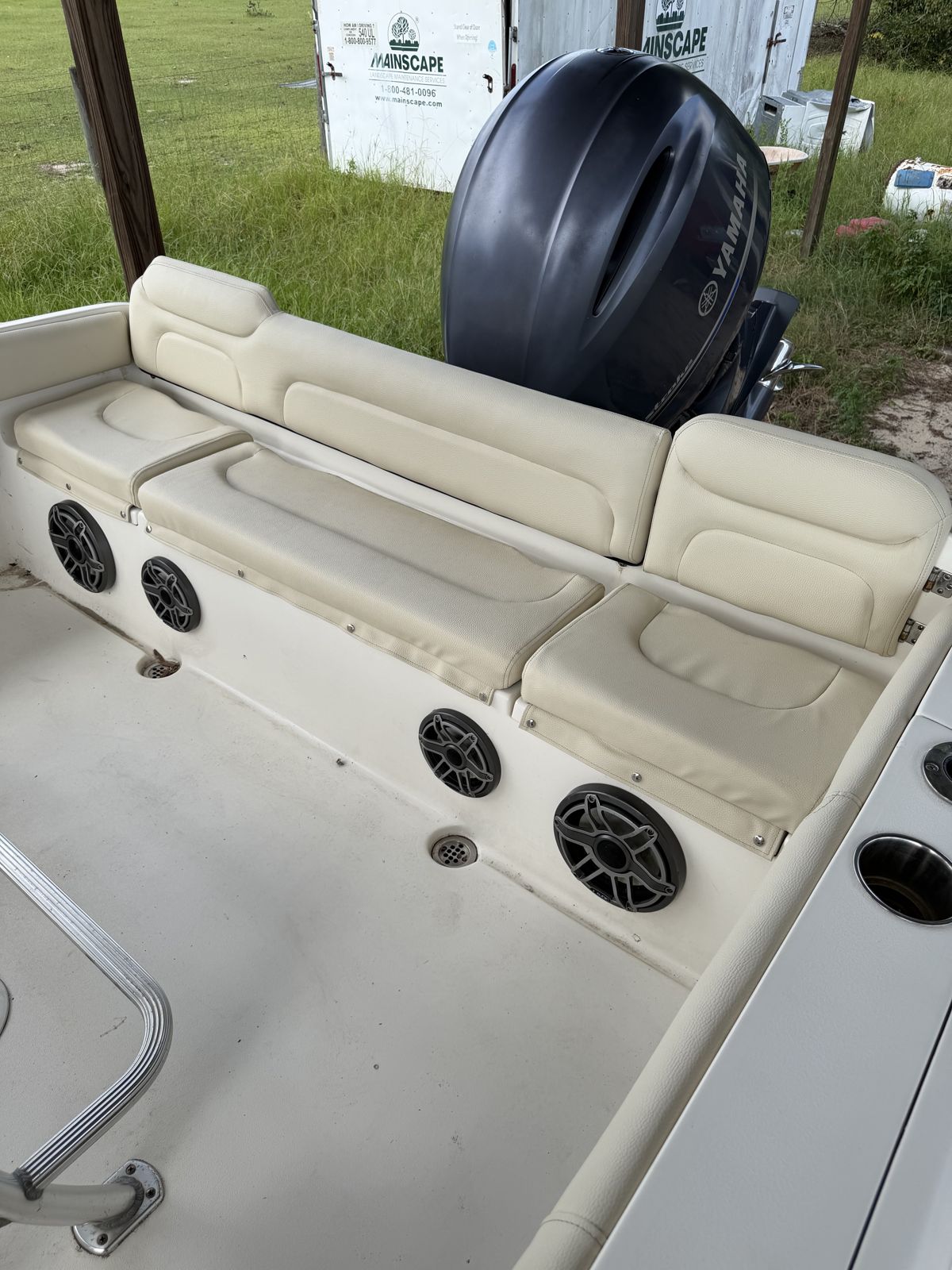 New rear bench seat cushions and backrests on a center console boat